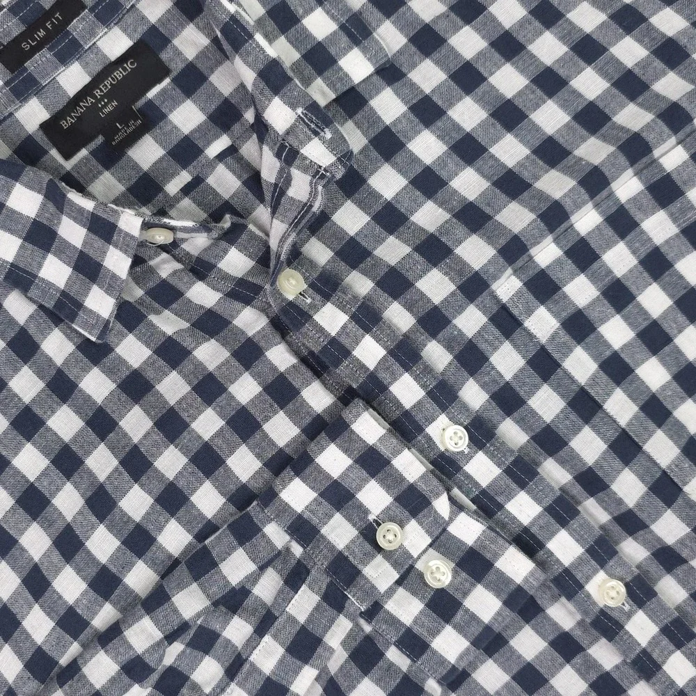 Banana Republic Shirt Mens Large Blue Gingham Long Sleeve Linen Slim Fit Casual